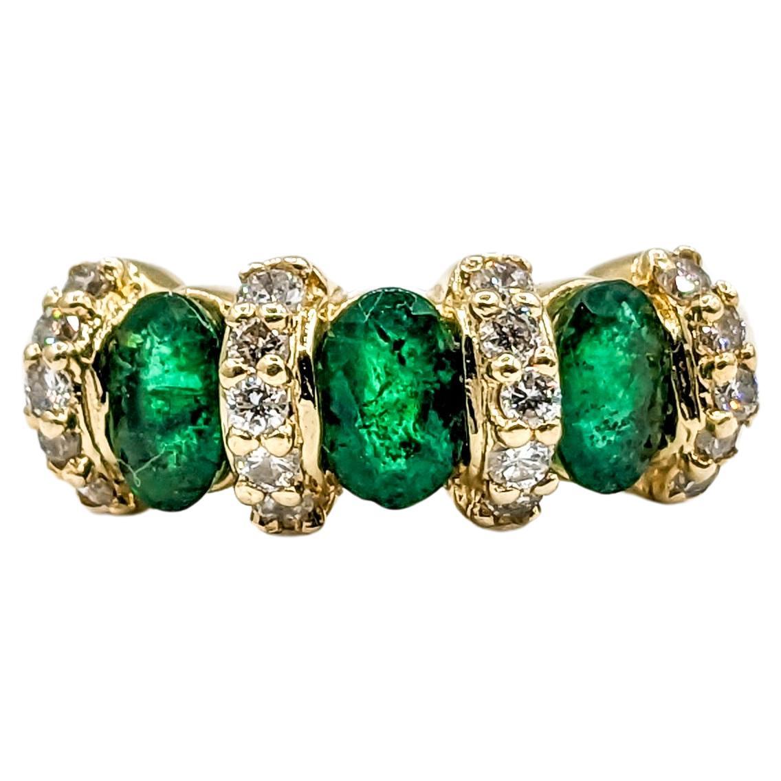 3-Stone Emerald & Diamond Ring in Yellow Gold For Sale