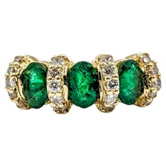 Vintage 3-Stone Emerald & Diamond Ring in Yellow Gold