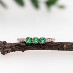 3 Stone Emerald Ring w Earth Mined Diamonds in Solid 14K Yellow Gold  Round 3mm