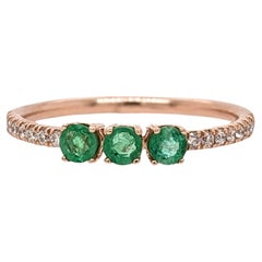 3 Stone Emerald Ring w Natural Diamonds in Solid 14K Yellow Gold Round 3mm