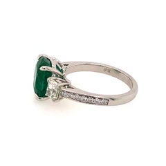 3-Stone Emerald Ring with Cushion White Diamonds with Diamonds on the Shanks