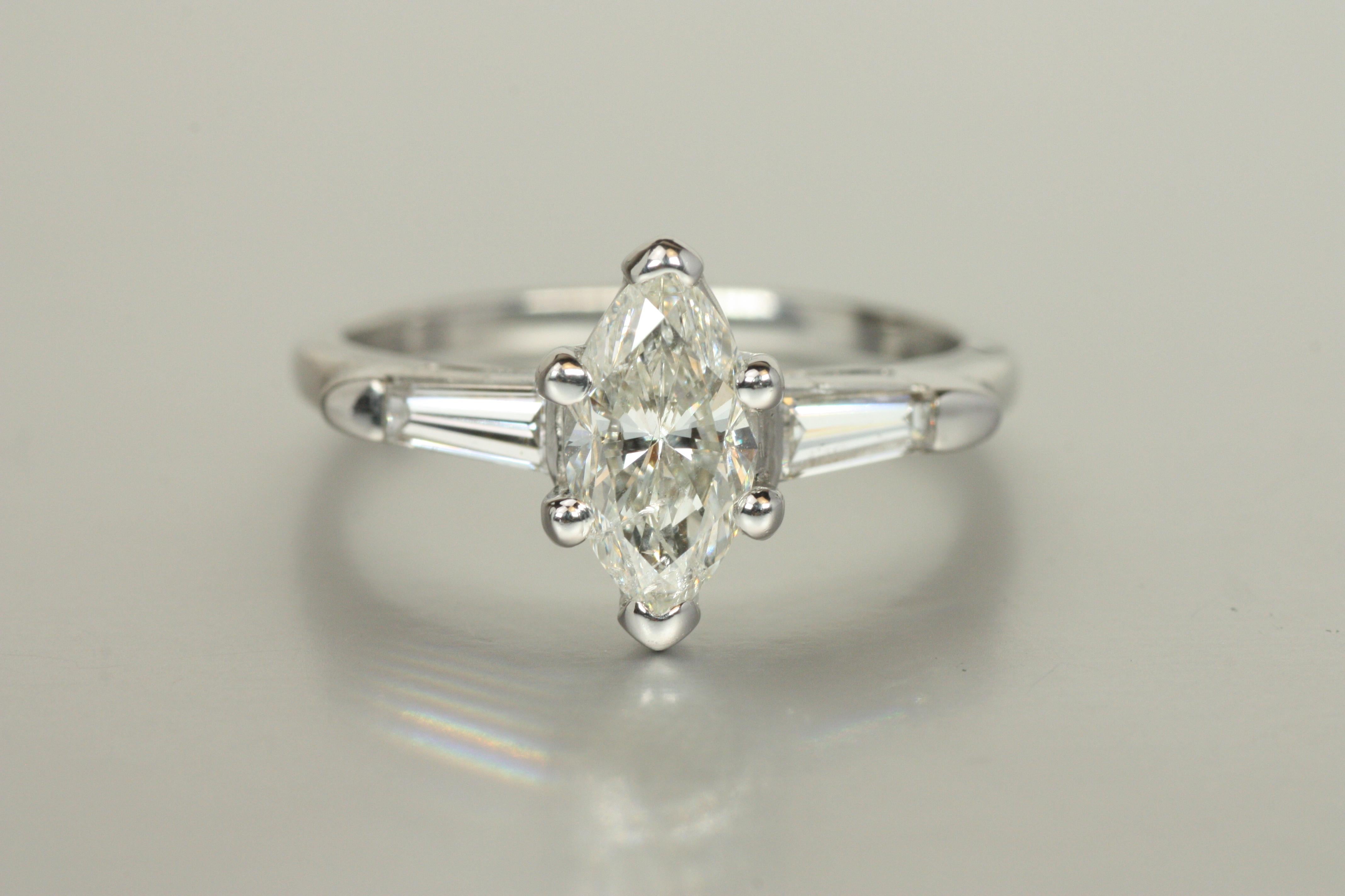 Modern 3-Stone Engagement Ring – 1.07ct Marquise & Baguette Cut Diamonds in Platinum For Sale