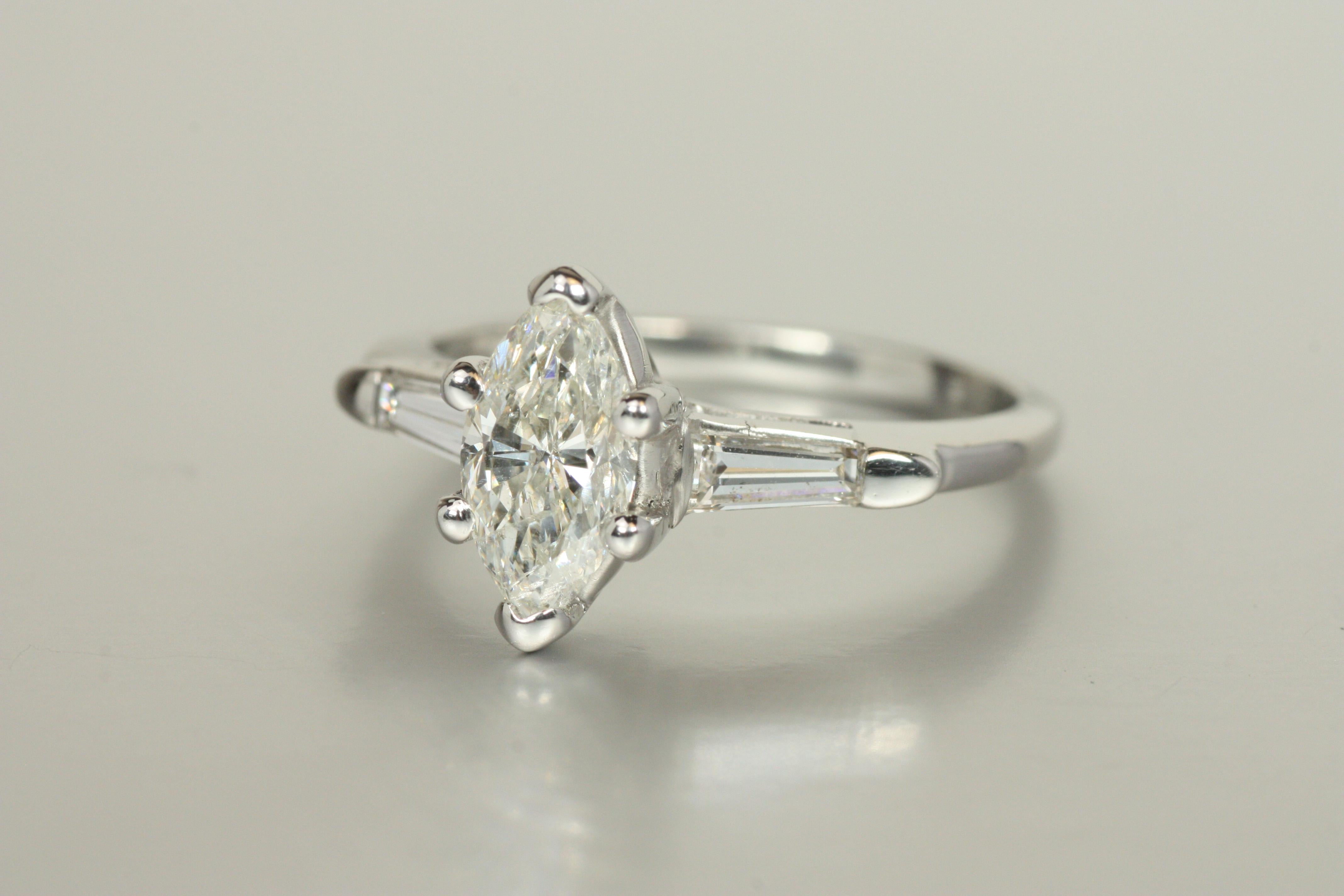Emerald Cut 3-Stone Engagement Ring – 1.07ct Marquise & Baguette Cut Diamonds in Platinum For Sale
