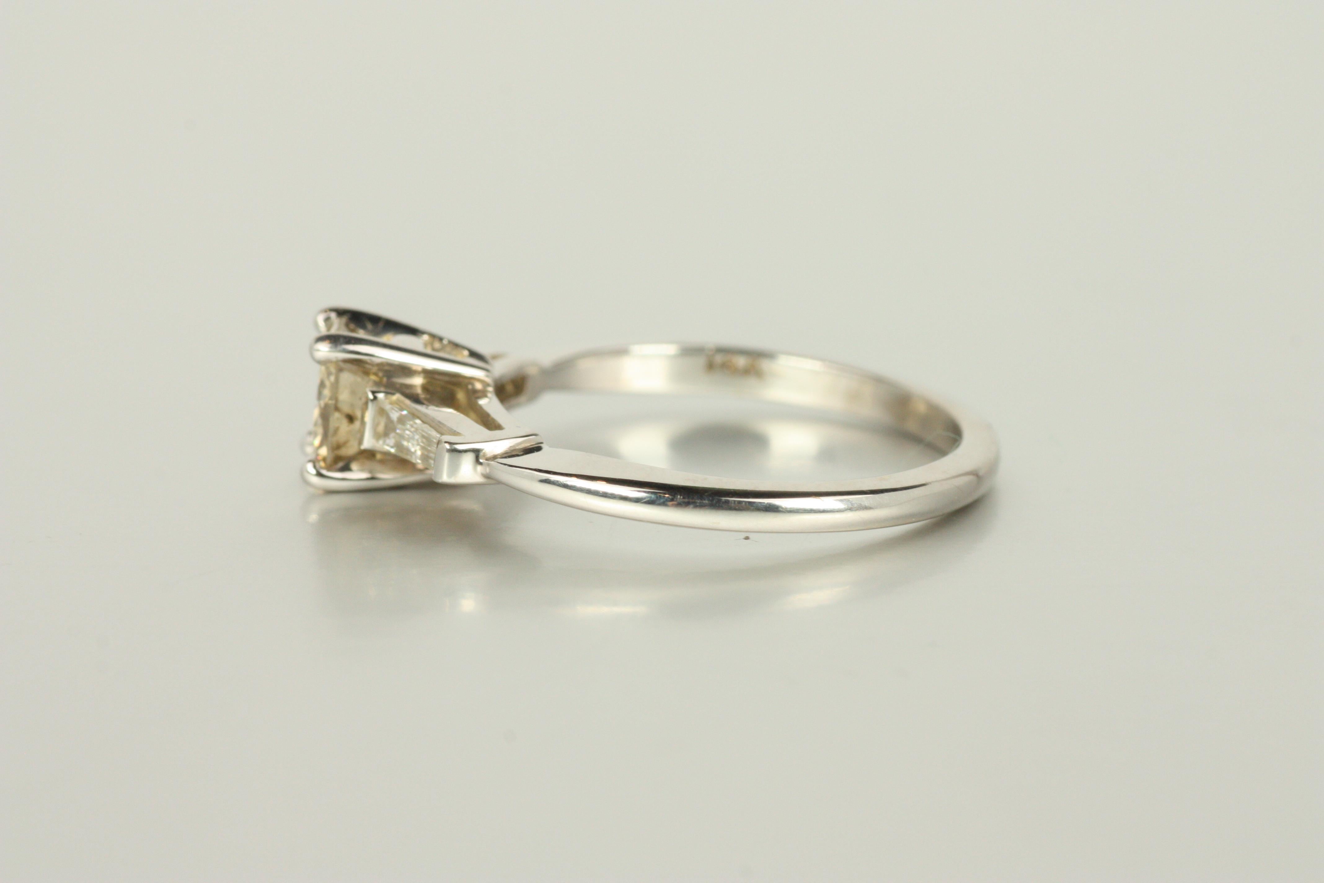 Women's 3-Stone Engagement Ring – Champagne & Baguette Cut Diamonds in 14K For Sale