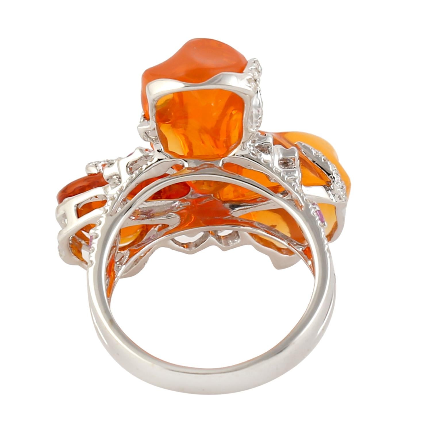 Contemporary 3 Stone Fire Opal Ring Equipped With Sapphire & Diamonds In 18k White Gold For Sale