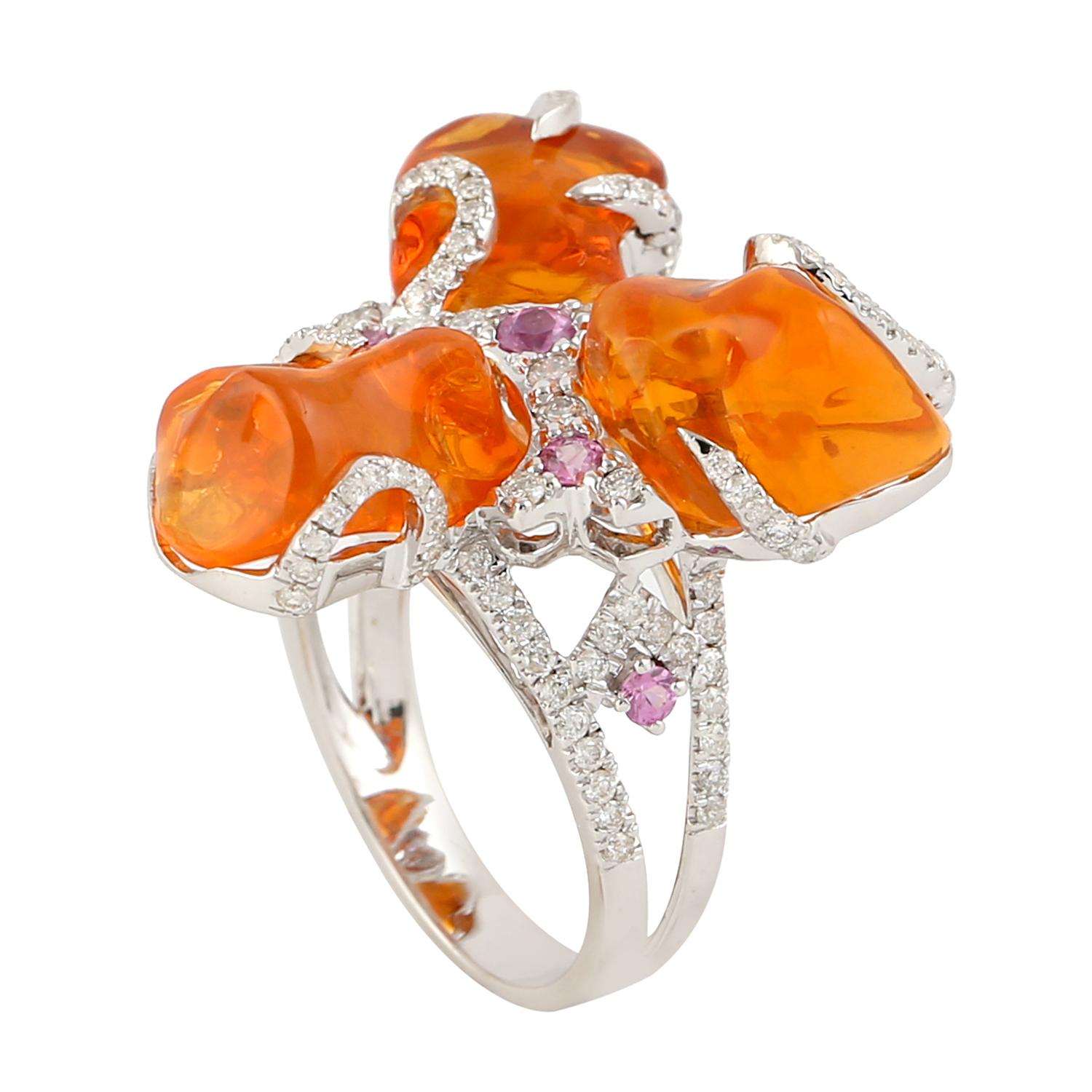 Mixed Cut 3 Stone Fire Opal Ring Equipped With Sapphire & Diamonds In 18k White Gold For Sale
