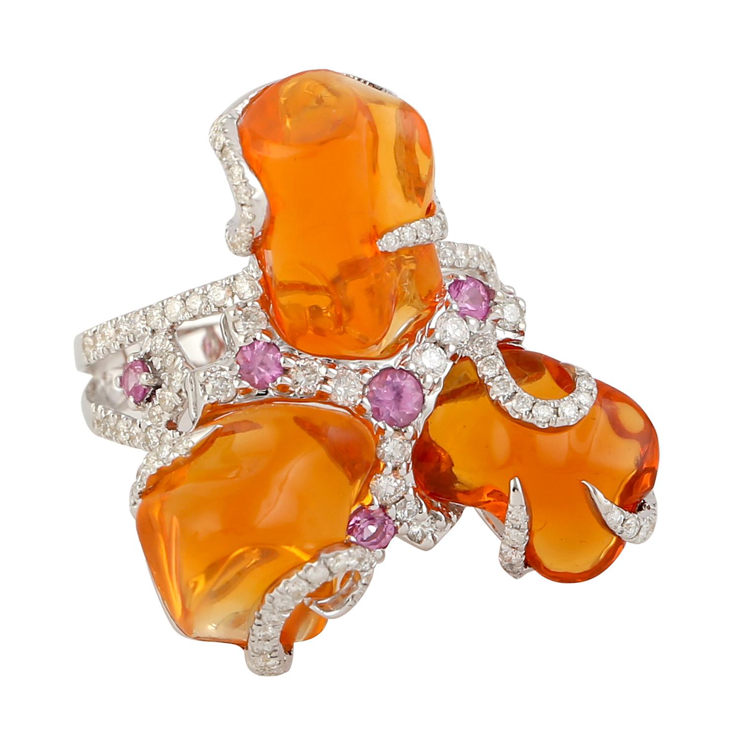 Women's 3 Stone Fire Opal Ring Equipped With Sapphire & Diamonds In 18k White Gold For Sale