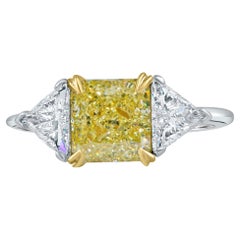 3 Stone GIA Certified 2.13 Ct Light Yellow Radiant Diamond Engagement Ring 18K