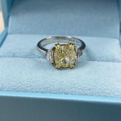 3 Stone GIA Certified 3.14 Ct Yellow VVS2 Cushion Diamond Engagement Ring 18K