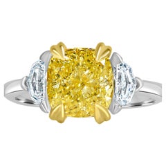 3 Stone GIA Certified 3.14 Ct Yellow VVS2 Cushion Diamond Engagement Ring 18K