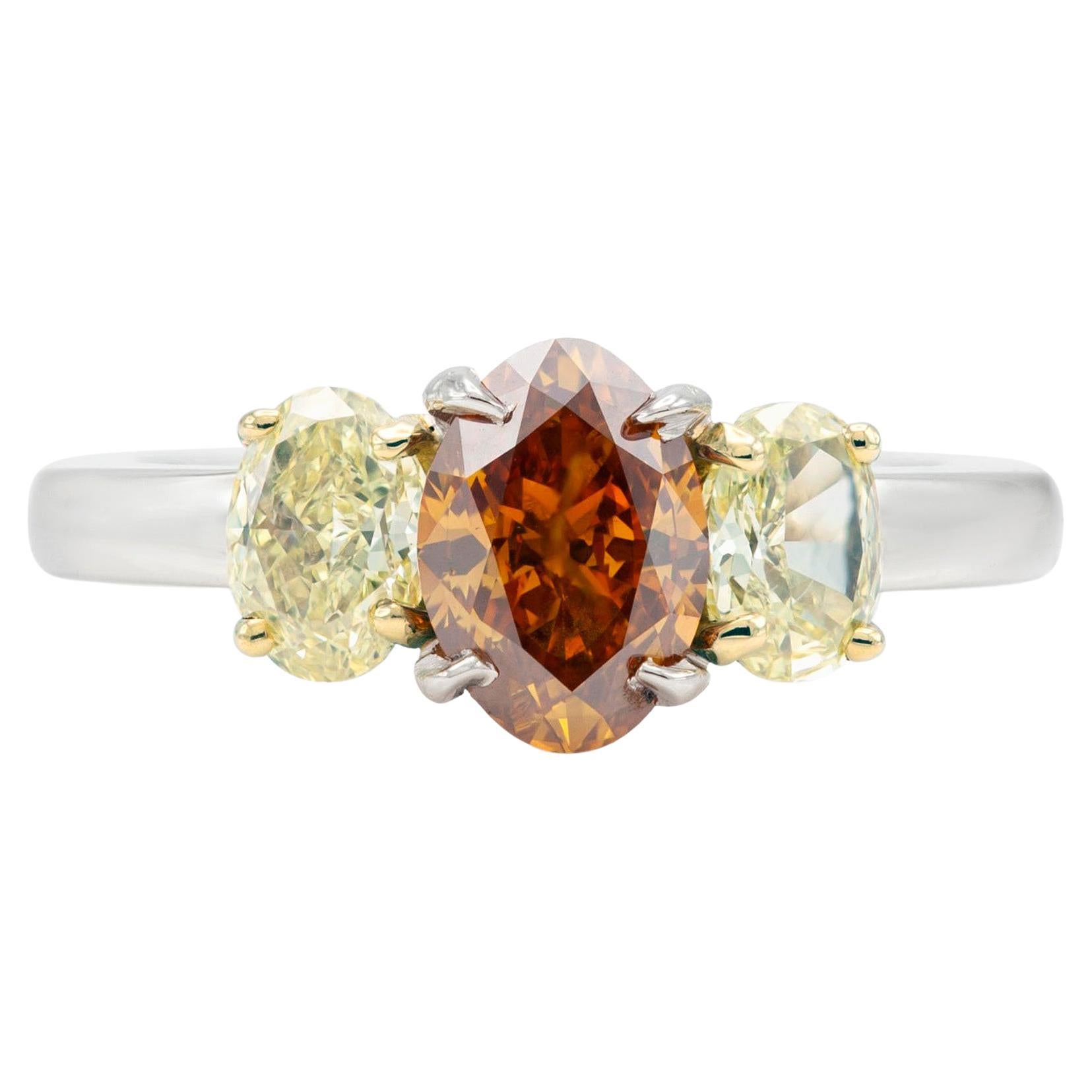 3 Stone GIA Fancy Orange and Yellow Diamond Ring For Sale