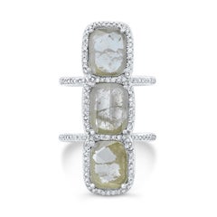 3 Stone Gray Diamond Slice Ring with Diamond Pave Halo in 18k White Gold