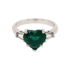 3-Stone Green Emerald Heart Shape Ring with Tapered Baguette Diamonds