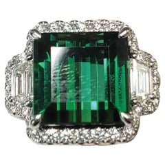 3 Stone Green Tourmaline 'Emerald Cut' and White Diamonds 'Trapezoid Cut' Ring