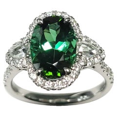 3 Stone Green Tourmaline 'Oval' and White Diamonds 'Pear Shaped' Ring