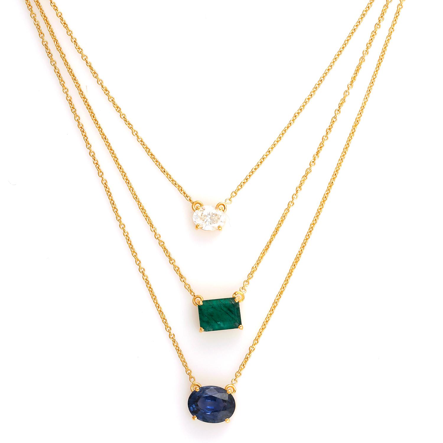 Artigiano Collana a catena con 3 pietre collegate e diamanti in oro giallo 18k
