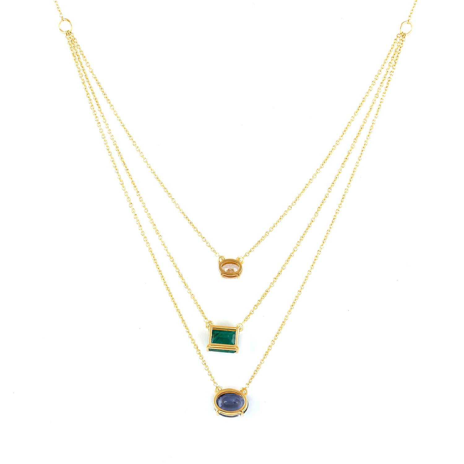Taglio misto Collana a catena con 3 pietre collegate e diamanti in oro giallo 18k
