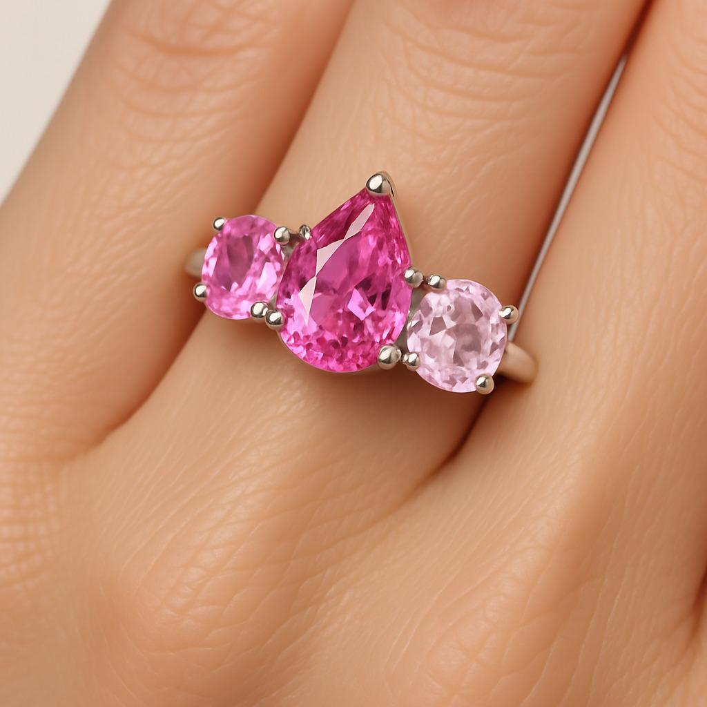 En vente :  3 Stone Mixed cut Pink Sapphire Platinum Ring (bague en platine avec saphir rose) 2