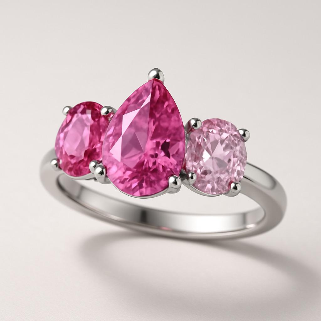 En vente :  3 Stone Mixed cut Pink Sapphire Platinum Ring (bague en platine avec saphir rose) 3