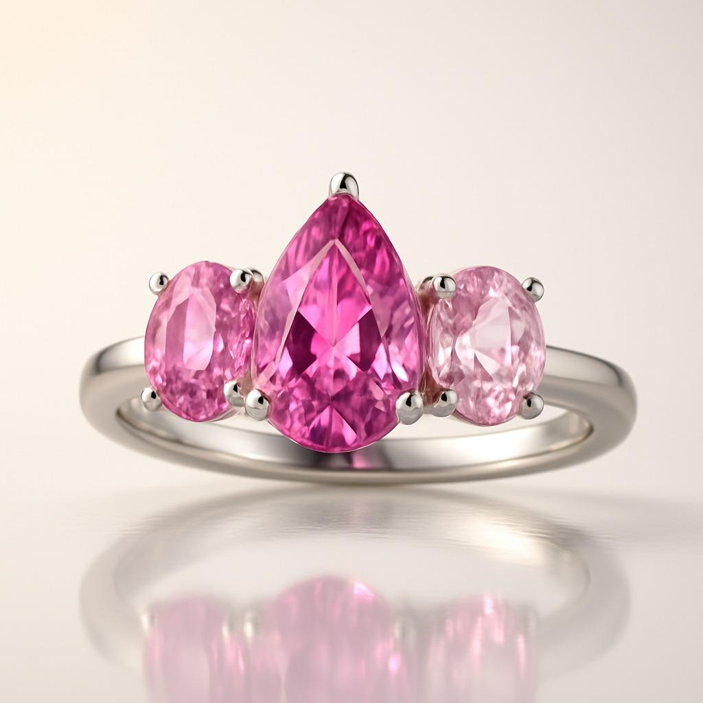 En vente :  3 Stone Mixed cut Pink Sapphire Platinum Ring (bague en platine avec saphir rose) 6