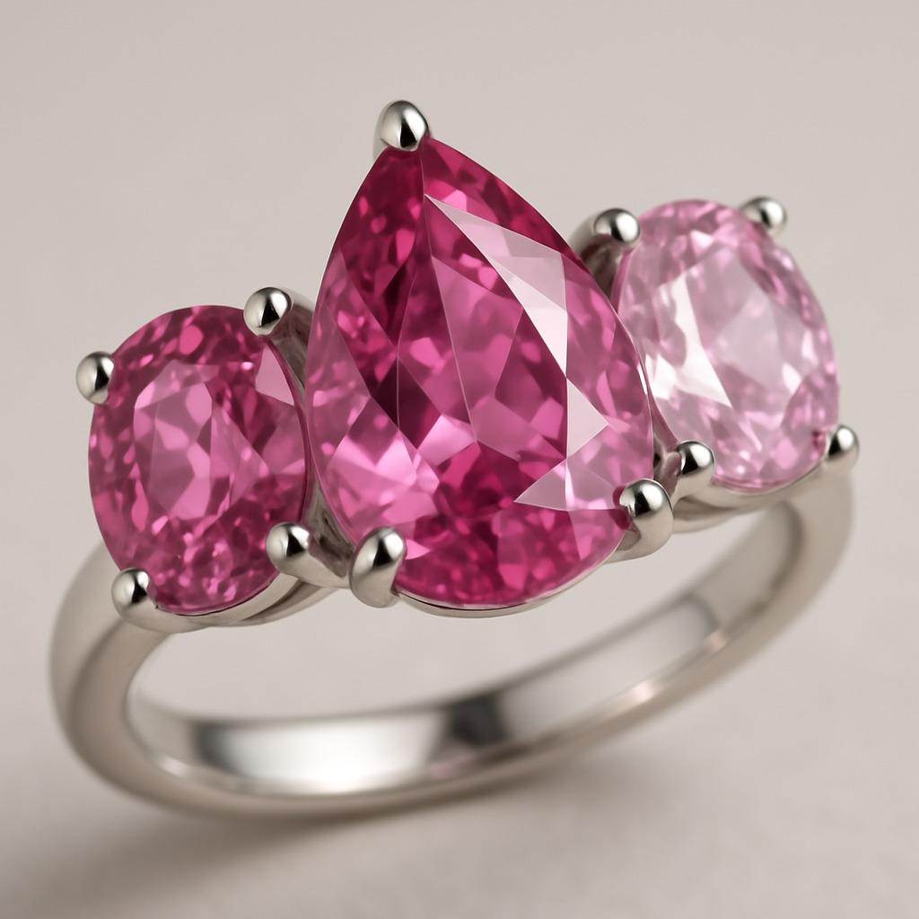 En vente :  3 Stone Mixed cut Pink Sapphire Platinum Ring (bague en platine avec saphir rose) 7