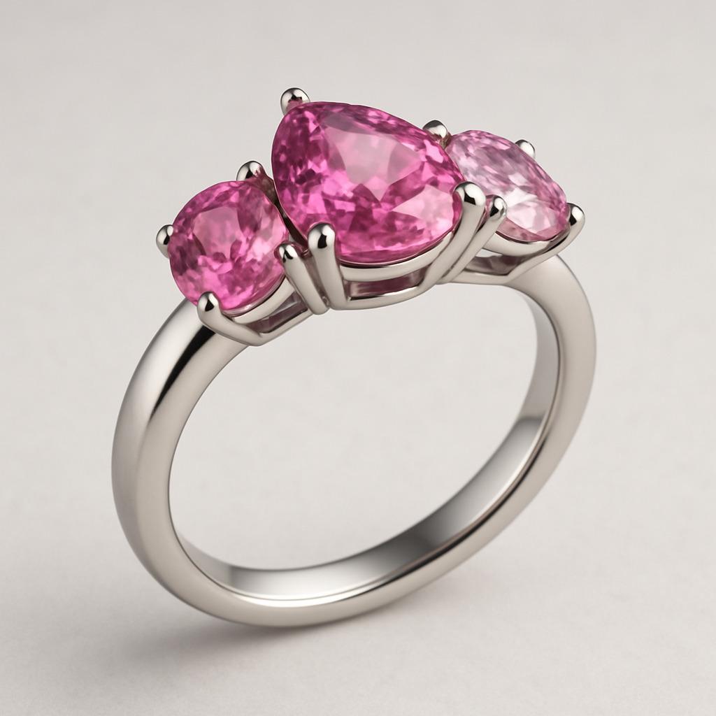 En vente :  3 Stone Mixed cut Pink Sapphire Platinum Ring (bague en platine avec saphir rose) 8