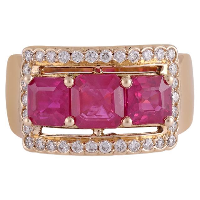 3 Stone Mozambique Ruby Cluster Wedding Ring 18k Gold For Sale