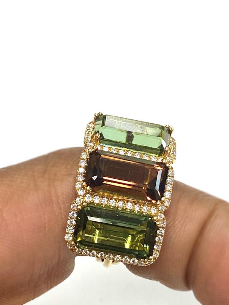  3 Stone Multi Tourmaline Ring With Diamonds in 18K Yellow Gold, from 'G-One' Collection

Stone Size: 12.5 x 7 mm

Gemstone Weight: 12.3 Carats

Diamonds: G-H / VS Approx Wt: 0.47 Carats