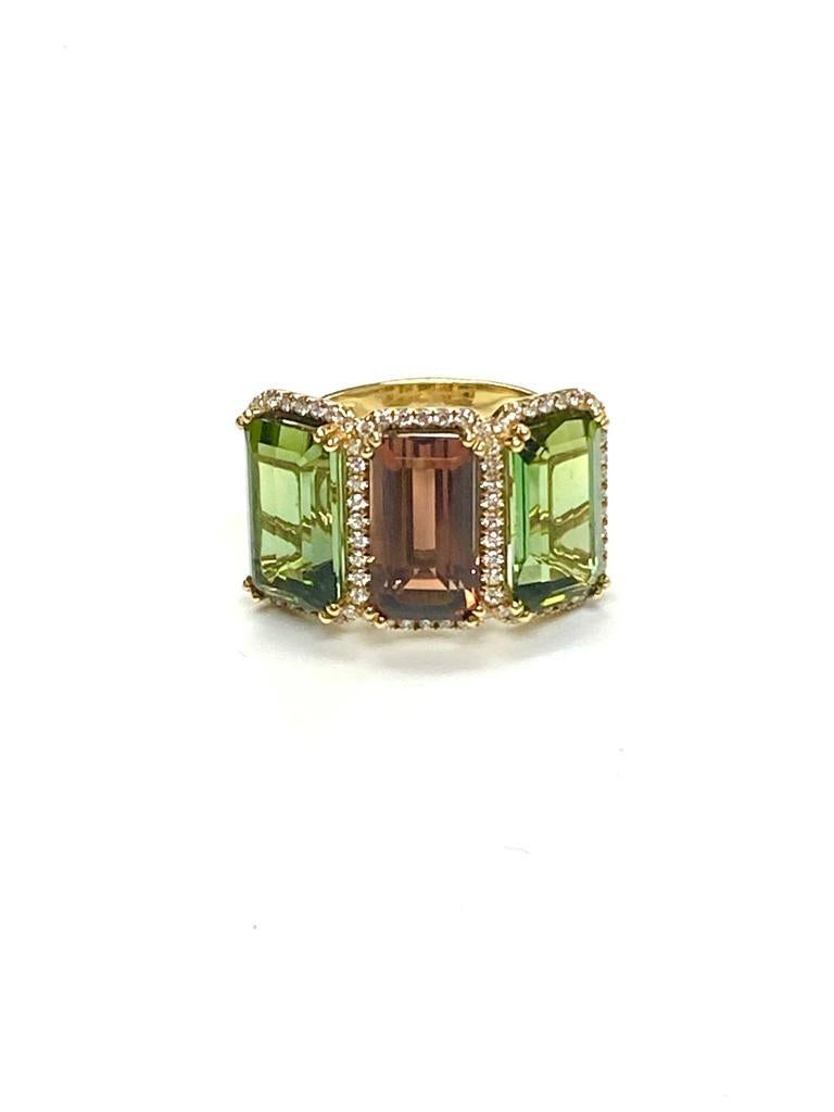 Emerald Cut  Goshwara 3 Stone Multi Tourmaline And Diamond Ring