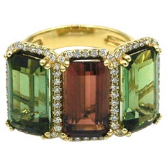 18 Karat Gold Multi Tourmaline Ring with Diamonds For Sale at 1stDibs