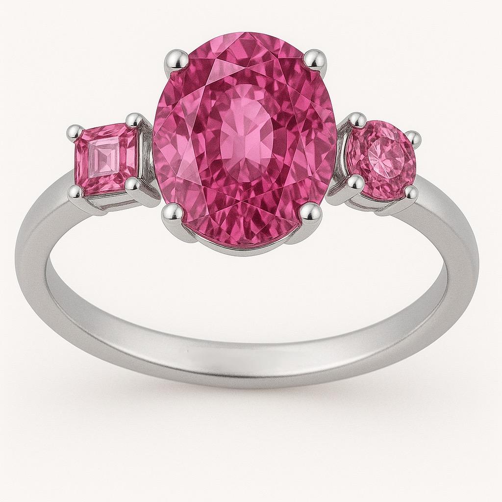 For Sale:  3-Stone Natural Pink Sapphire Ring in Platinum 10