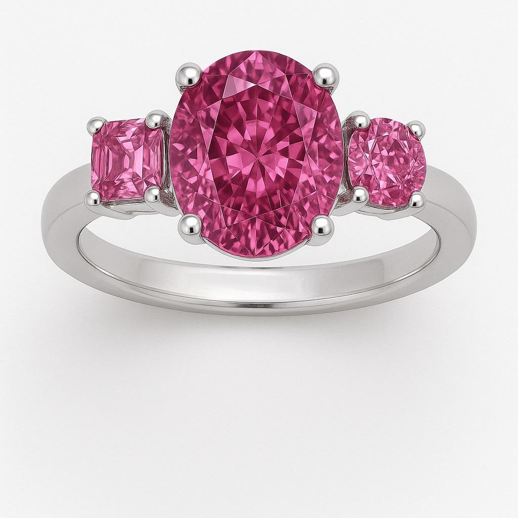 For Sale:  3-Stone Natural Pink Sapphire Ring in Platinum 3