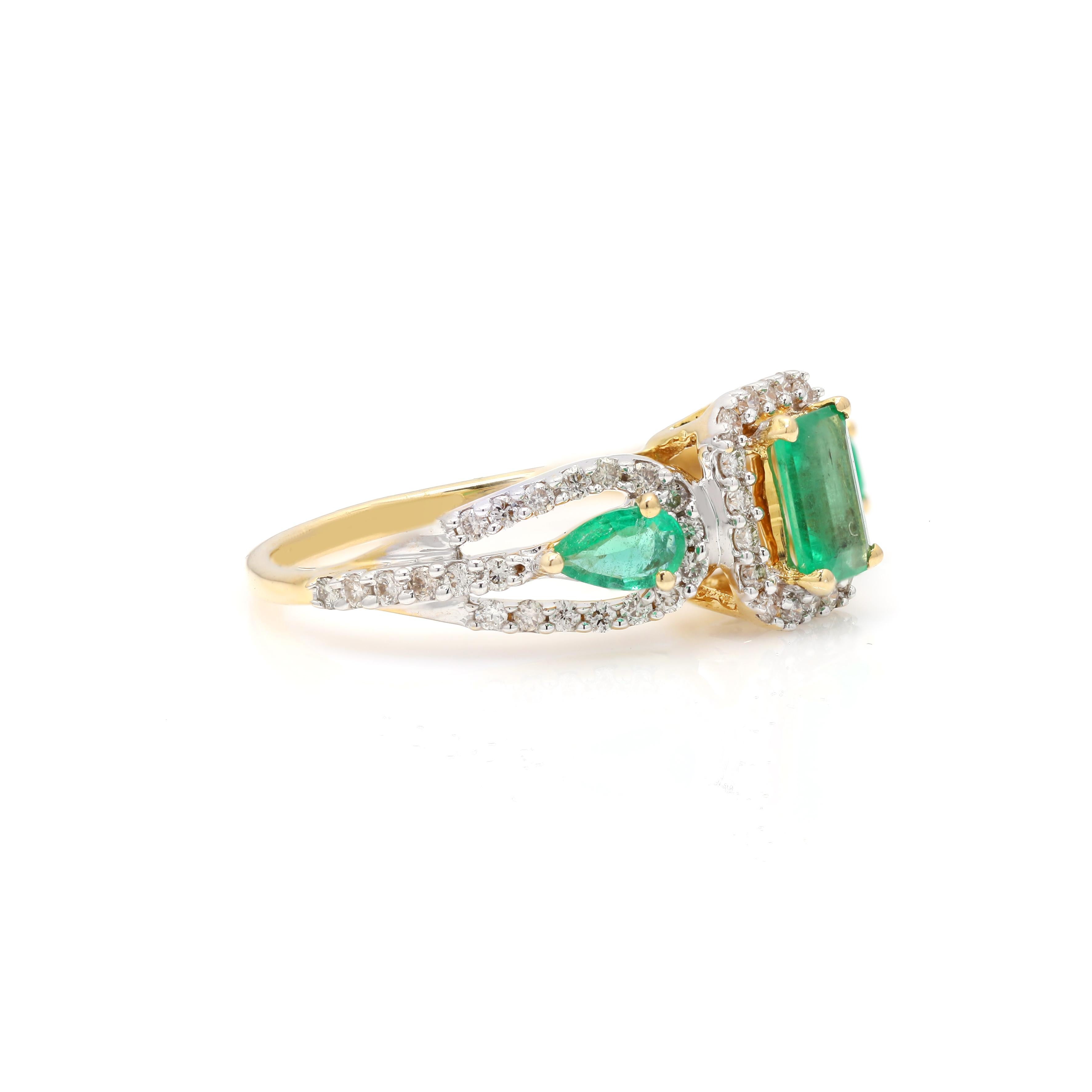 For Sale:  Three Stone Natural Diamond Emerald Engagement Ring in Solid 18K Yellow Gold 2