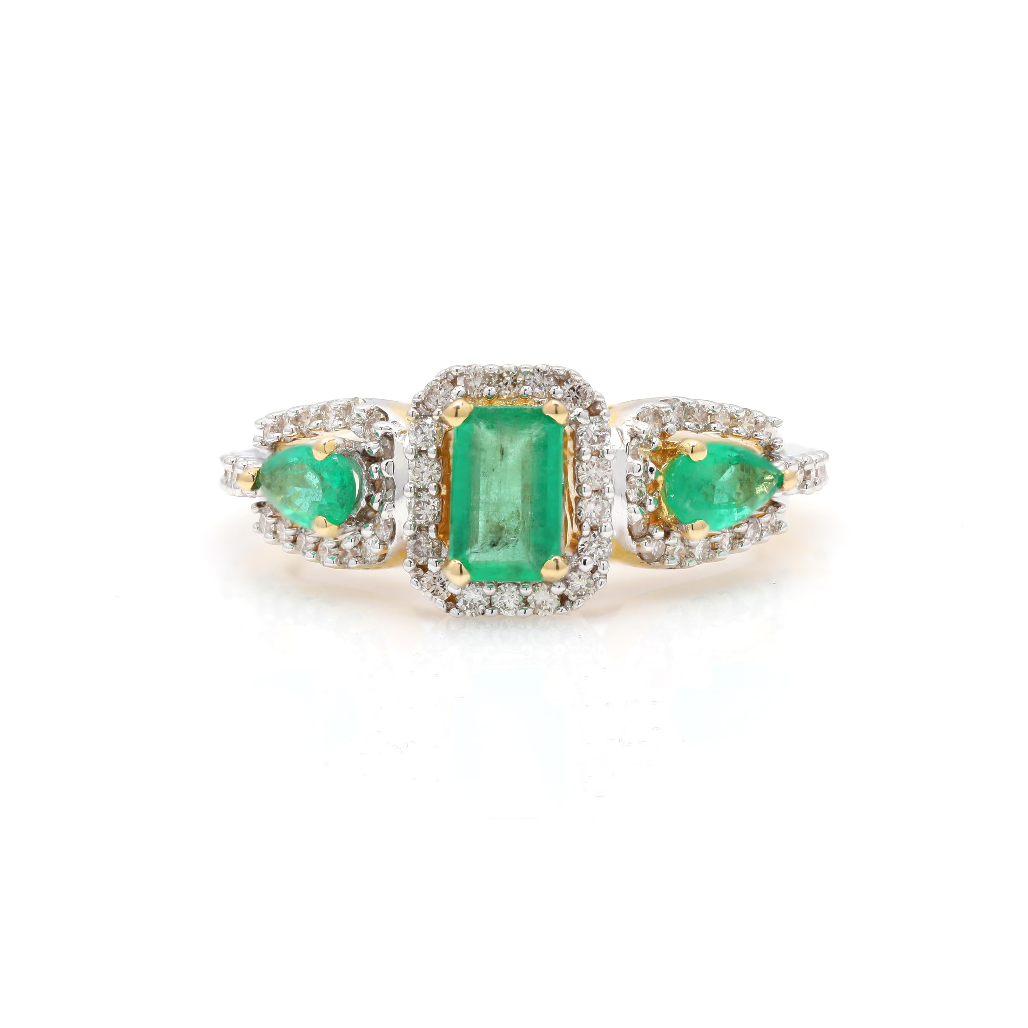 For Sale:  Three Stone Natural Diamond Emerald Engagement Ring in Solid 18K Yellow Gold 3