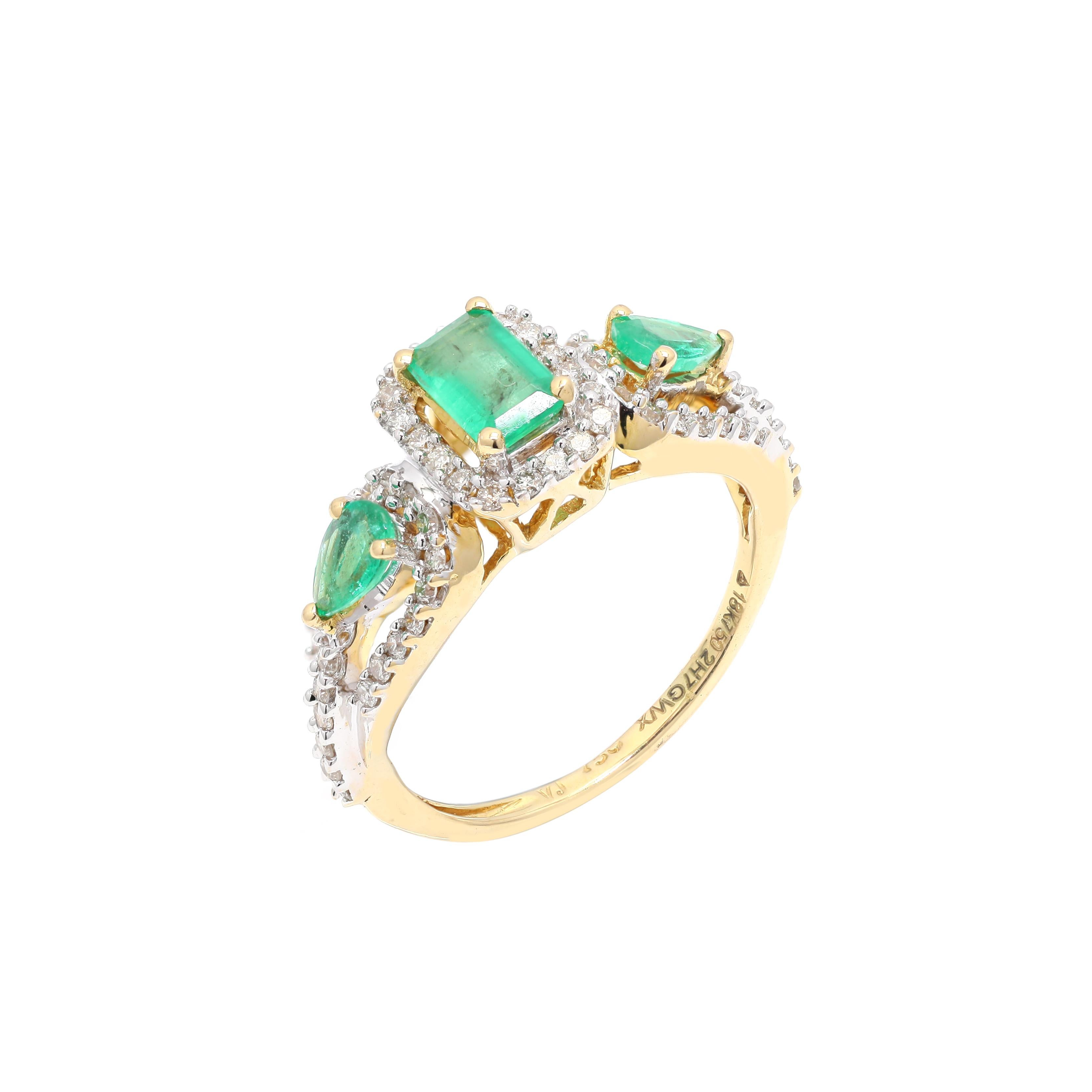 For Sale:  Three Stone Natural Diamond Emerald Engagement Ring in Solid 18K Yellow Gold 4