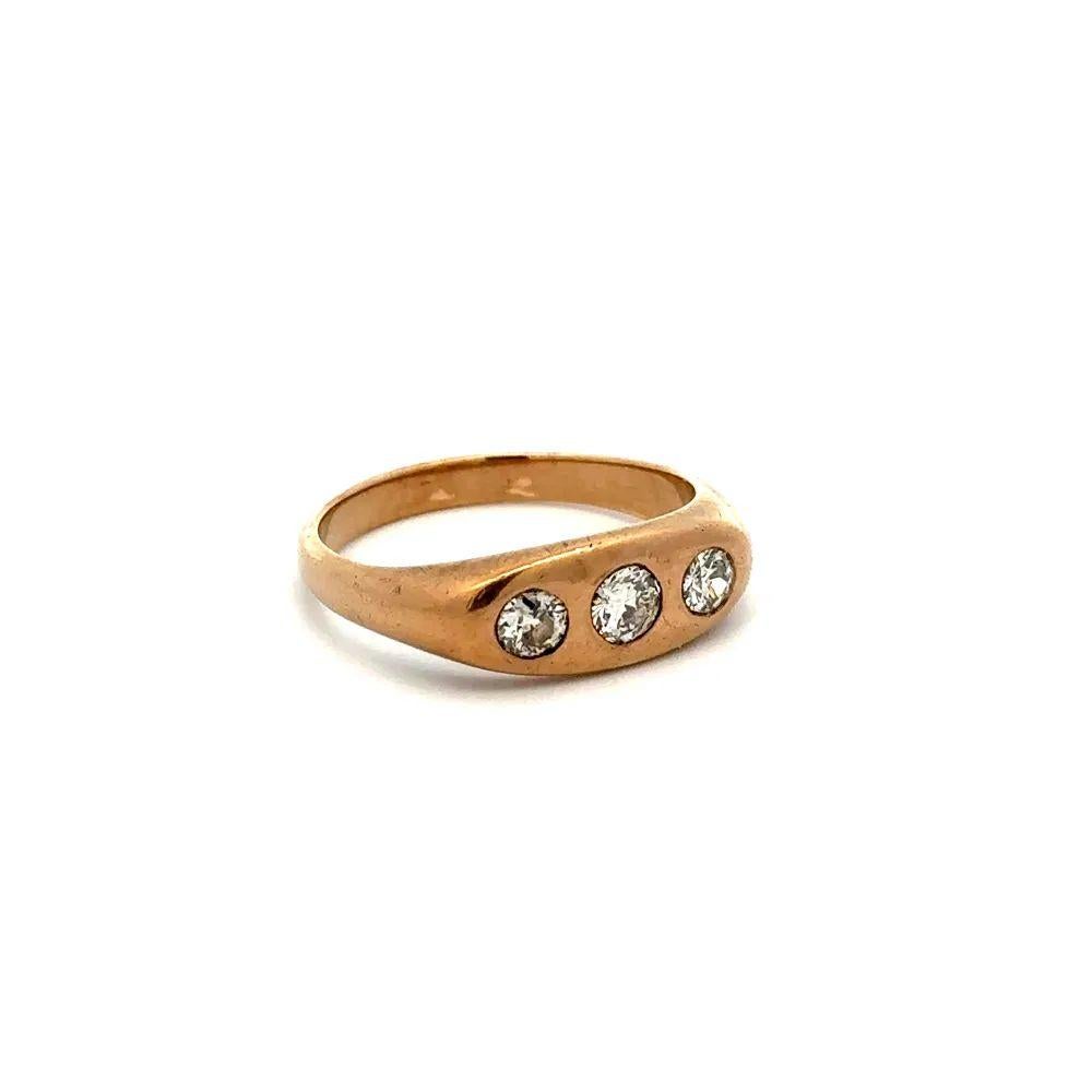 Handsome Men’s 3 Stone Old European Cut Diamond Victorian Gold Trilogy Band Ring. Securely Hand set with three Old European Cut Diamonds, weighing approx. 0.90tcw. Ring size 8.7.5, we offer ring resizing. Hand crafted 9K Yellow Gold mounting. In