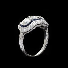 3-Stone Old European Cut Diamond Sapphire Platinum Ring