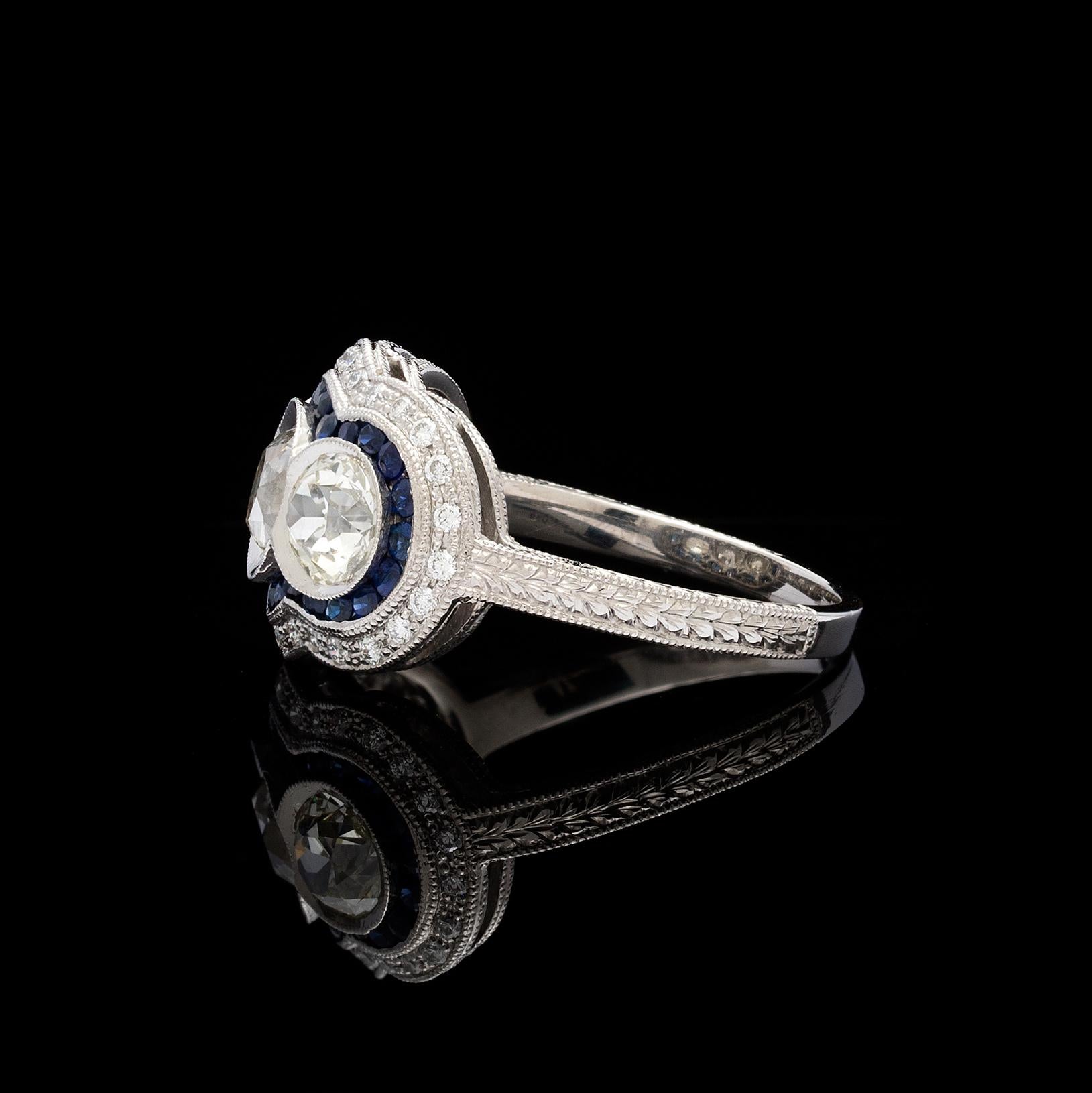 3-Stein Old European Cut Diamant Saphir Platin Ring (Edwardian) im Angebot