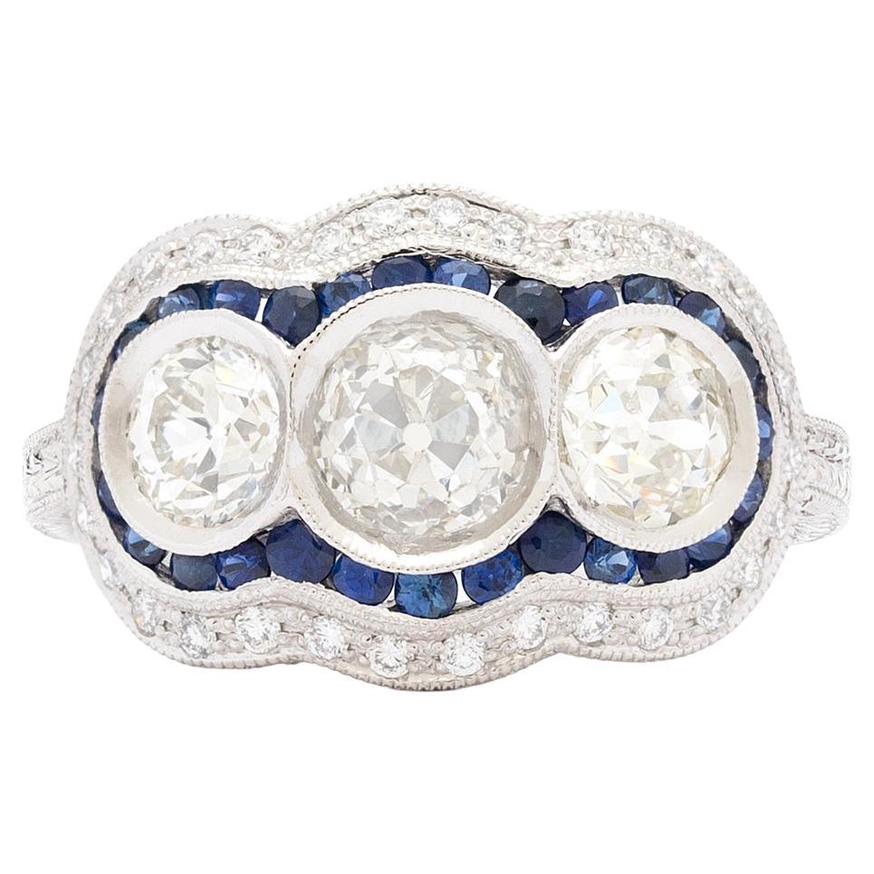 3-Stone Old European Cut Diamond Sapphire Platinum Ring