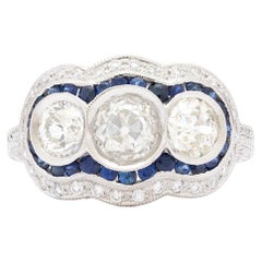 3-Stone Old European Cut Diamond Sapphire Platinum Ring