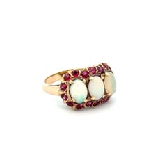 3 Stone Opal and Ruby Gold Vintage Cocktail Cluster Ring
