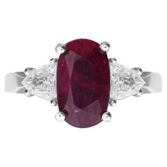 3 Stone Oval Cut African Ruby Ring w/Diamonds