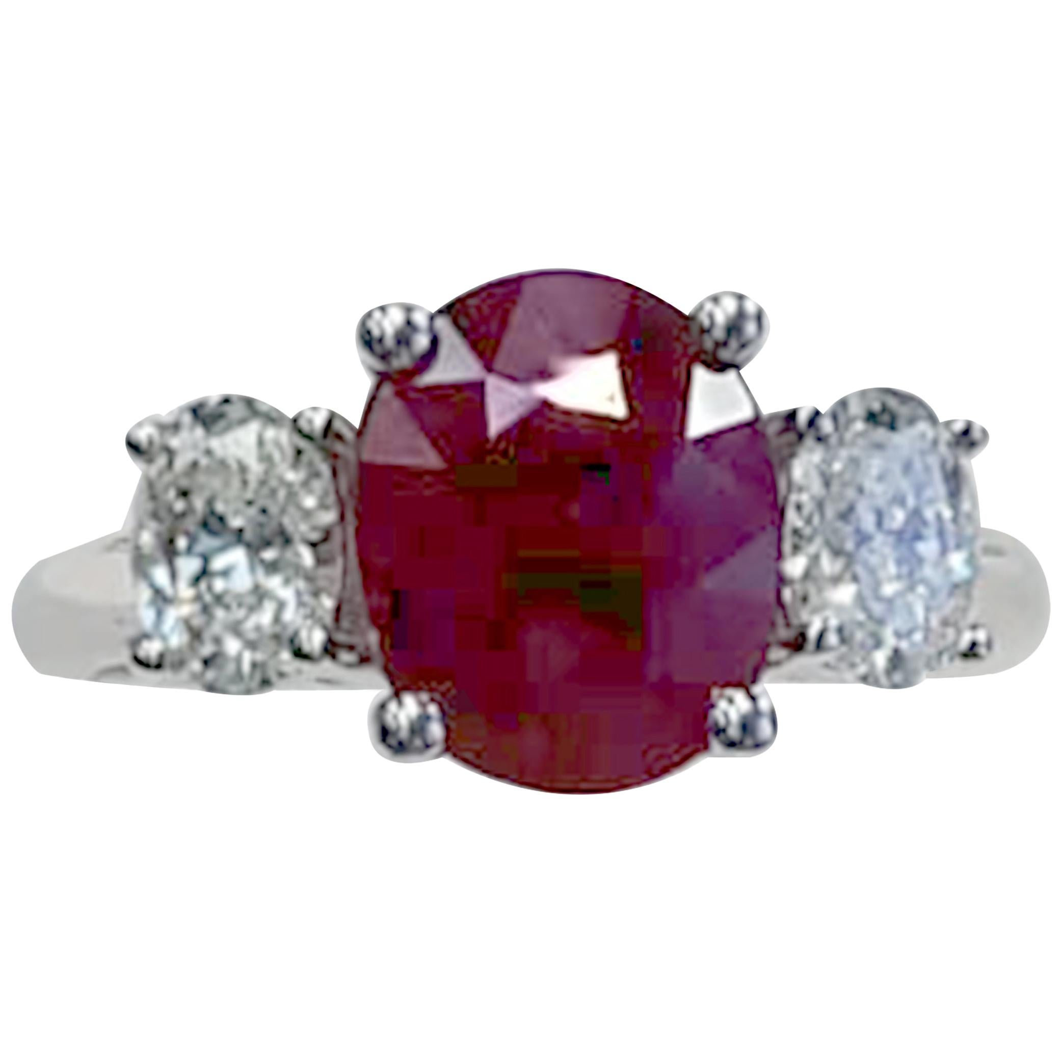 3-Stone Oval Ruby and White Diamond Fashion Ring For Sale