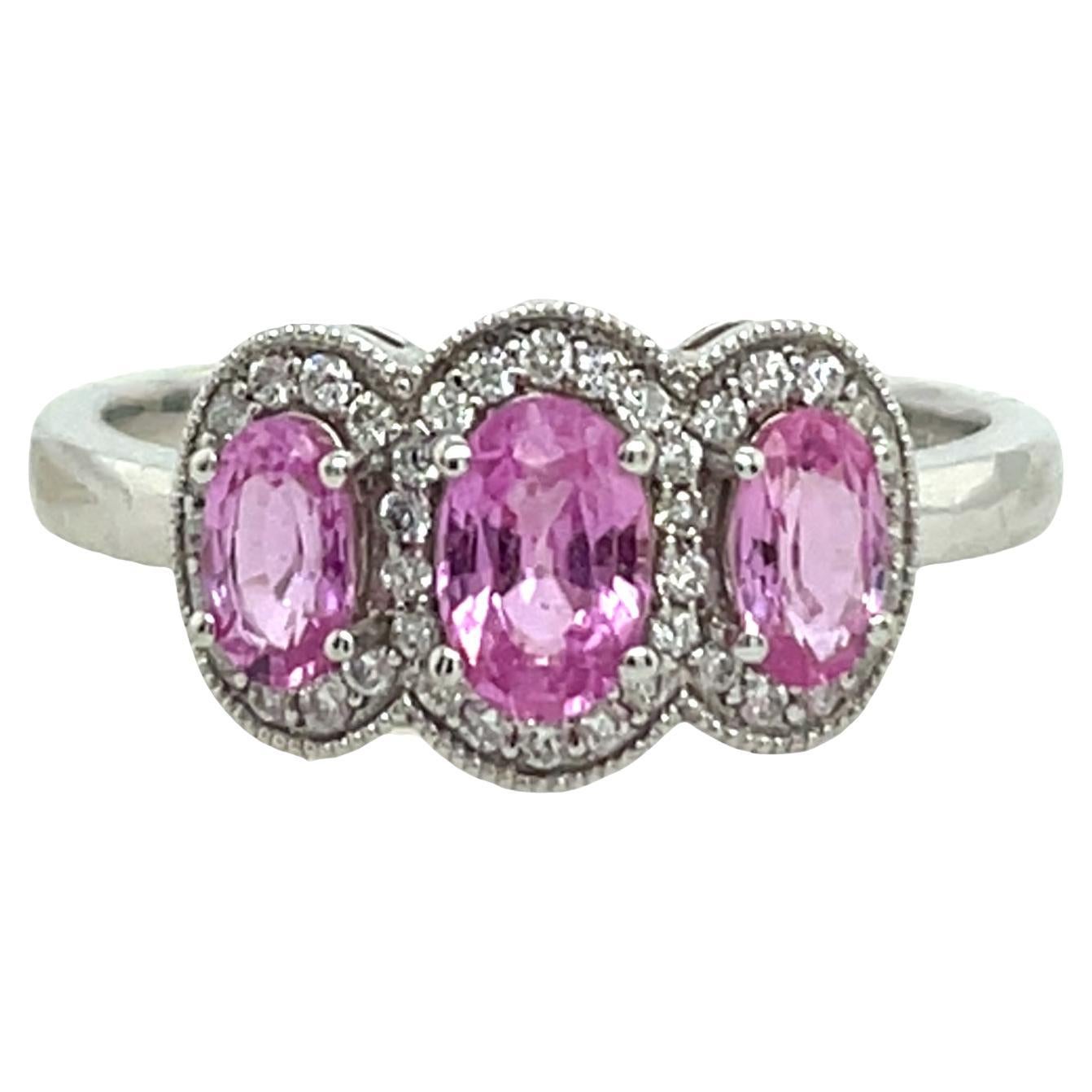 3 Stone Pink Sapphire and Diamond Ring, Set in 18ct White Gold