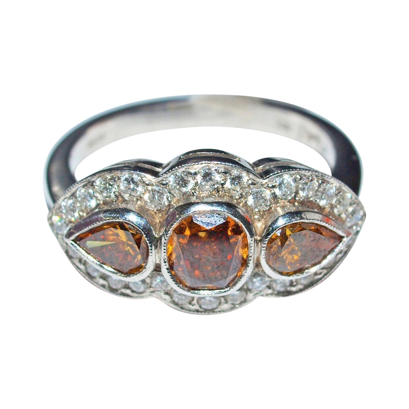 Platinum Brown Diamond Three Stone Cocktail Ring For Sale