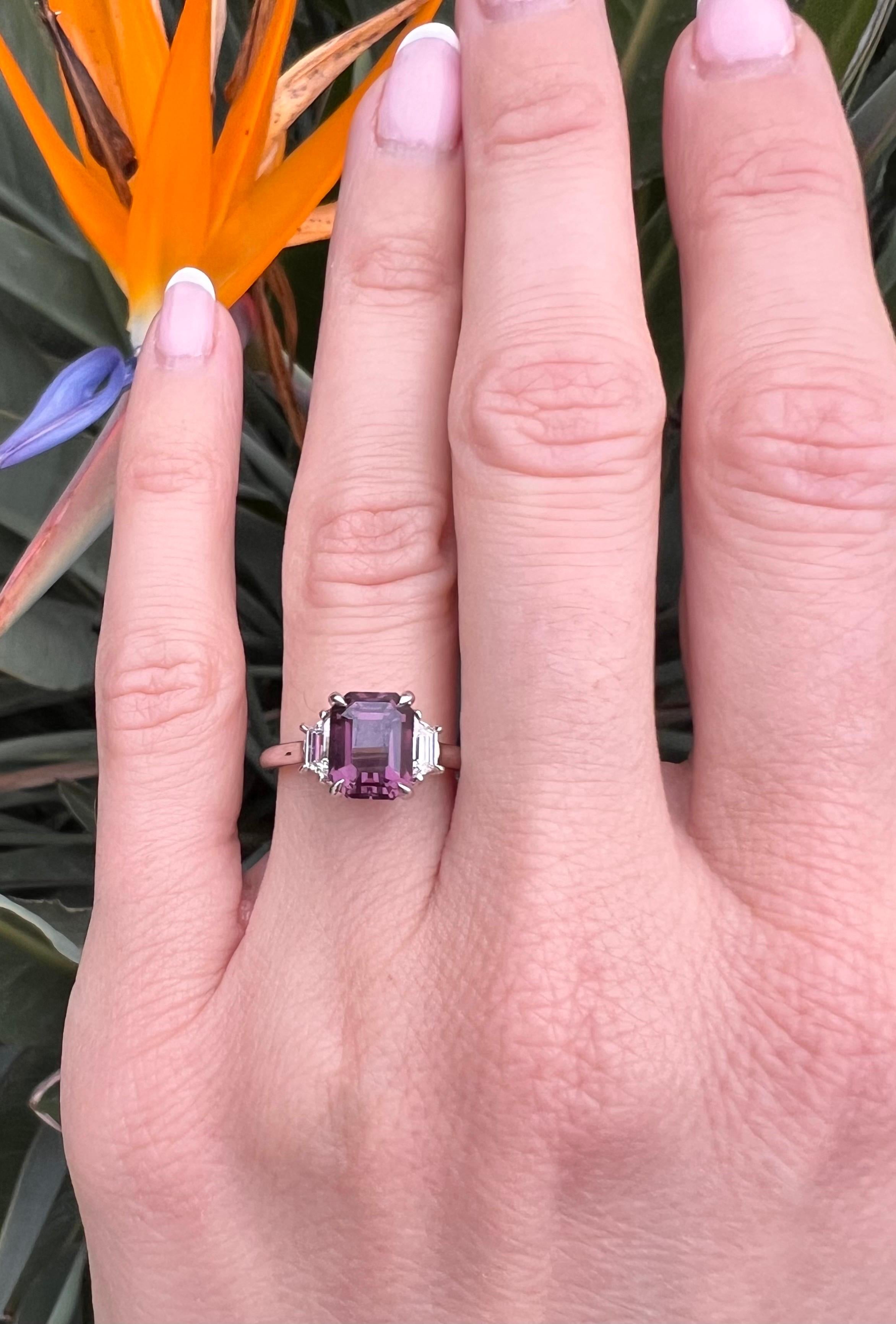 Emerald Cut Three Stone Platinum 3.78-carat Sapphire Ring – Love, Strength & Elegance - GIA For Sale