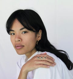 3 Stone Portrait Cut Olive Diamond Slice with Halo in 18k Yellow Gold Ring