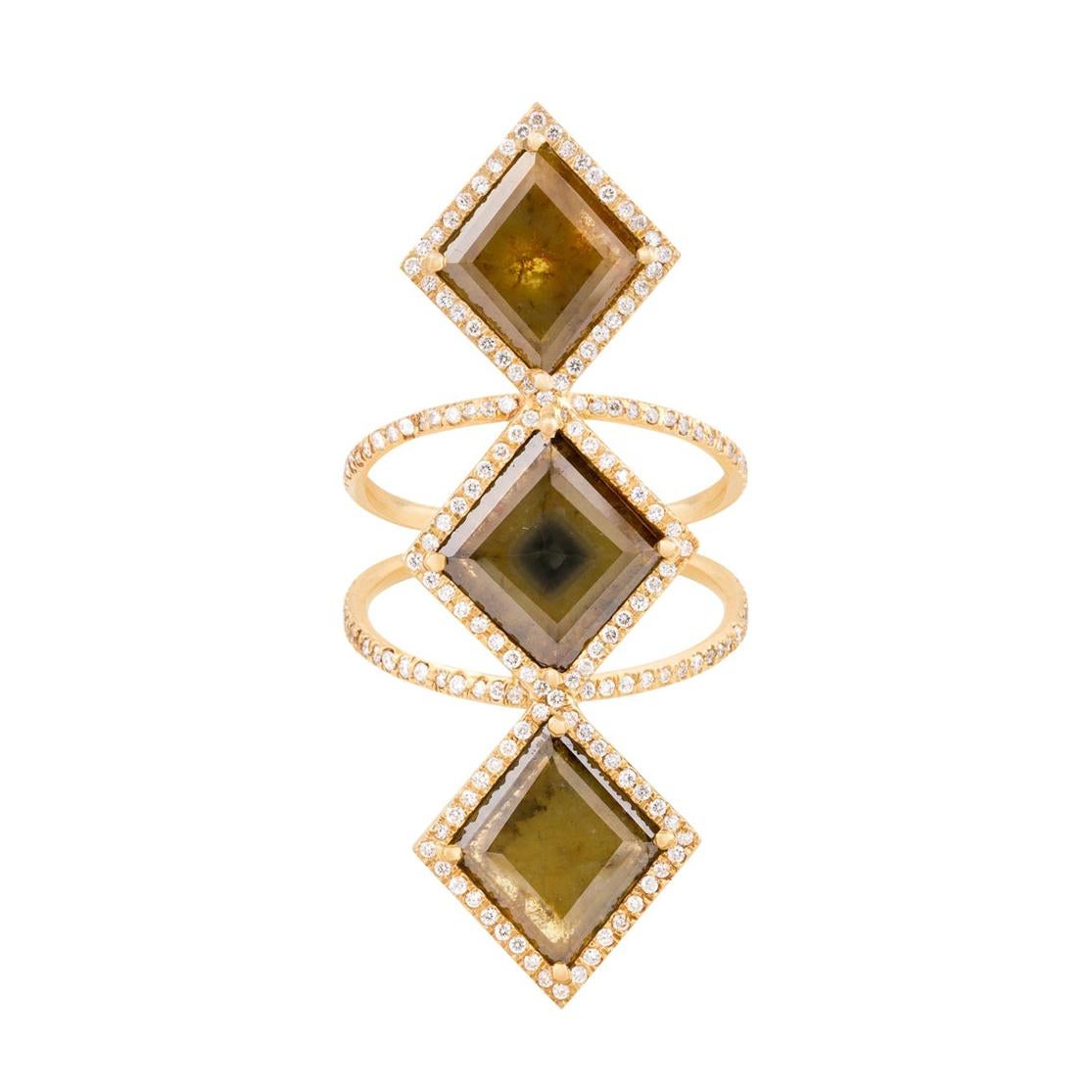 3 Stein Portraitschliff Olive Diamant-Schliff mit Halo in 18k Gelbgold Ring im Angebot
