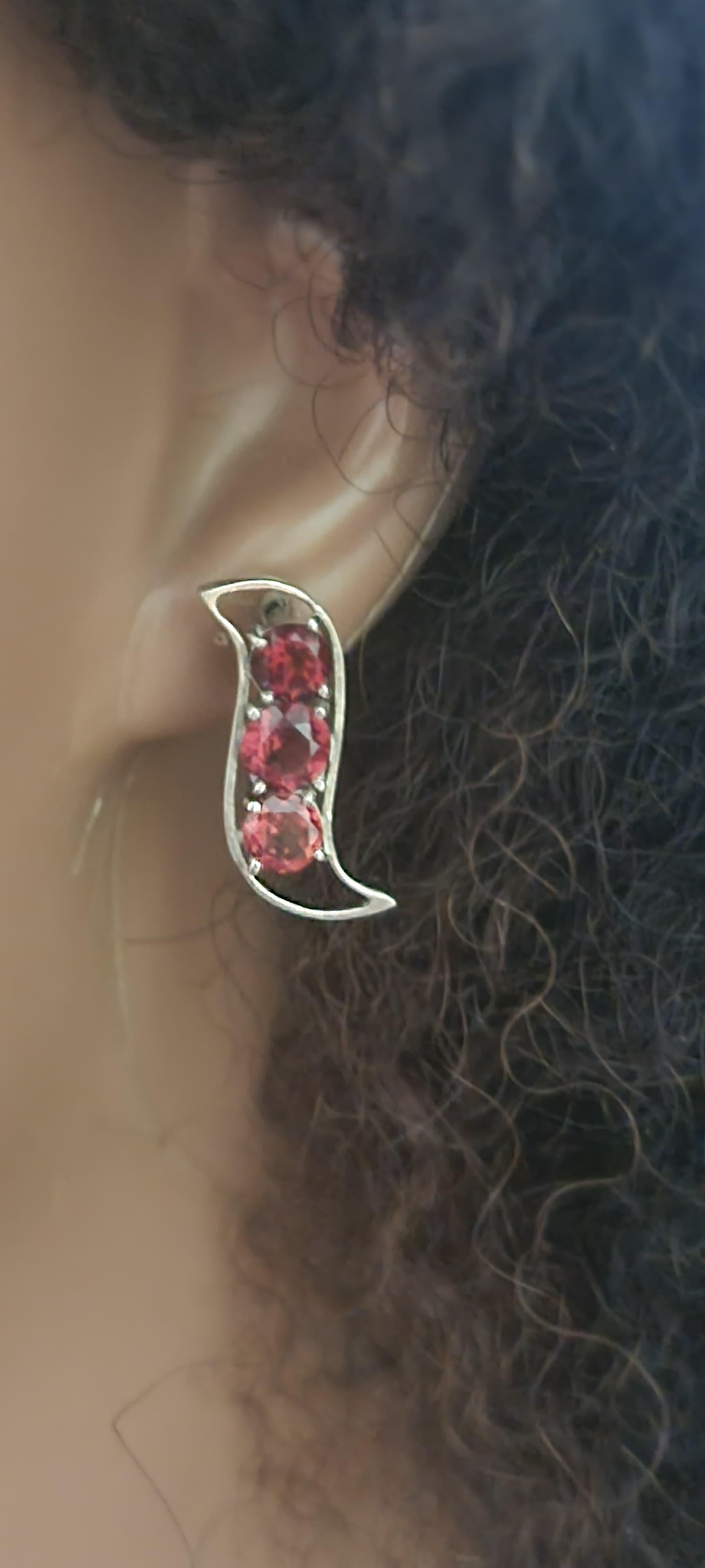 Artisan 3 Stone Red Garnet Stud Earrings