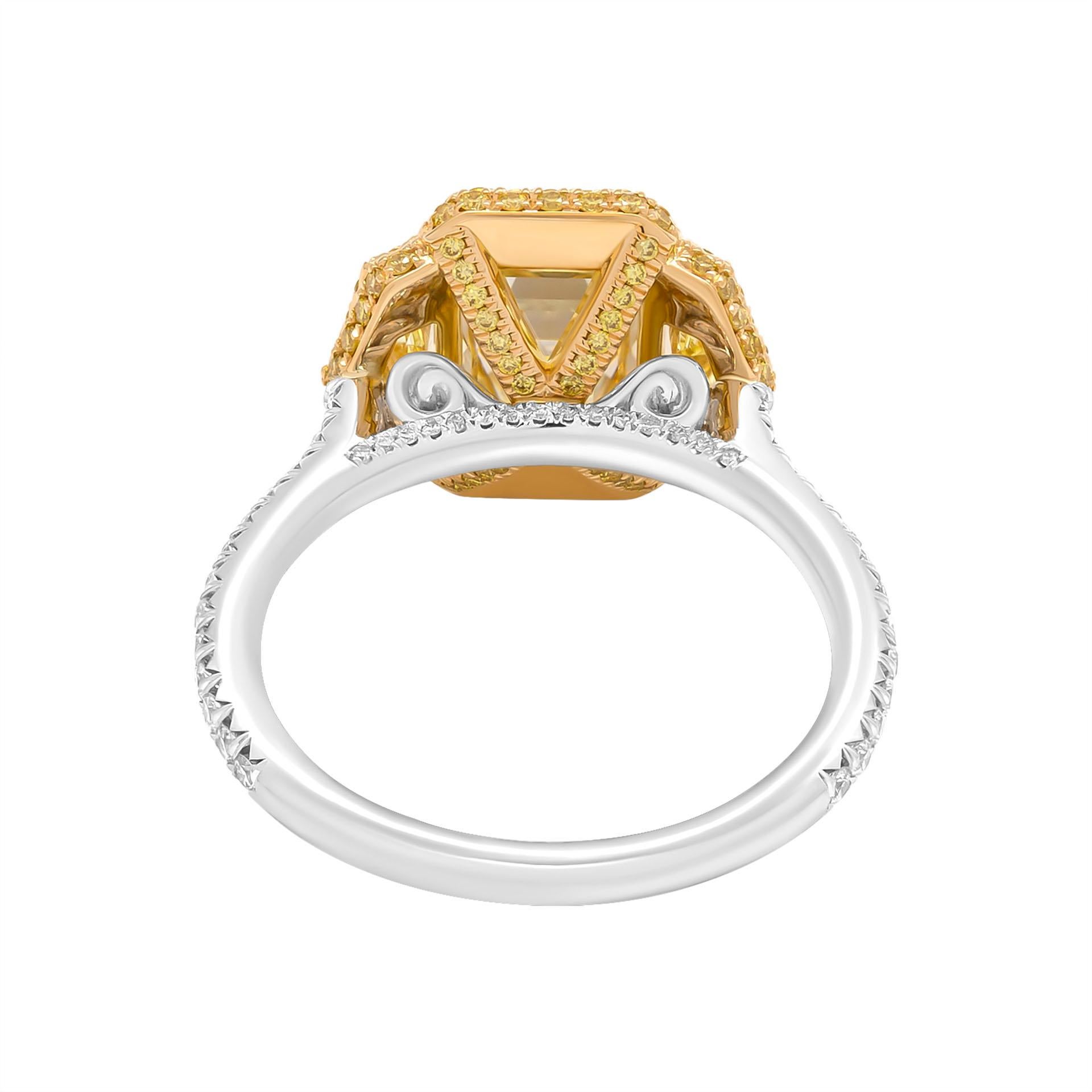 Modern 3 Stone Ring in Platinum & 18k Yellow Gold Center with 2.01 Carat Emerald Cut For Sale